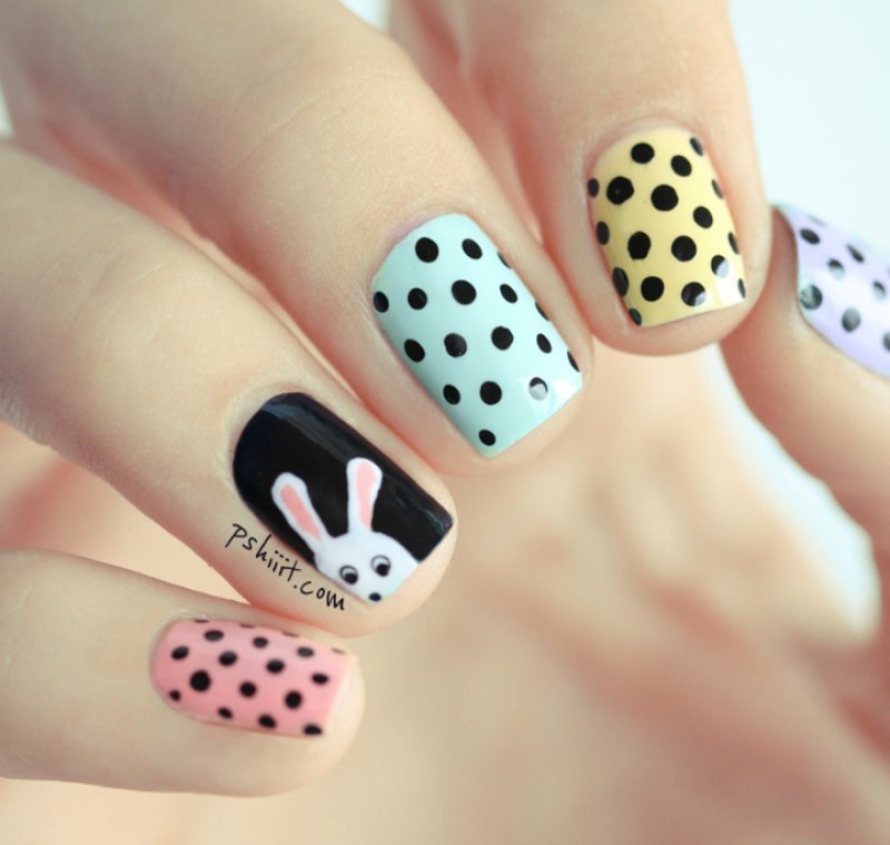 Polka Dot Bunny Manicure by Pshiiit! Easter Nail Art Ideas