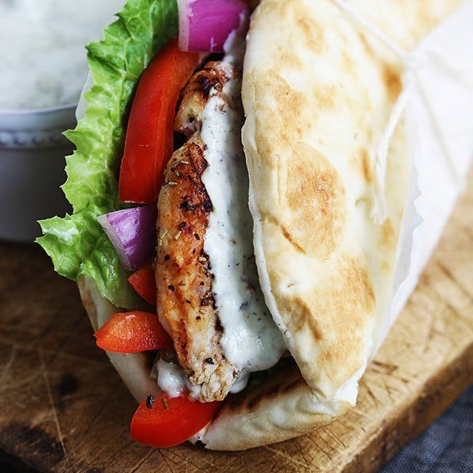 Greek-style chicken gyros and Tzatziki sauce.