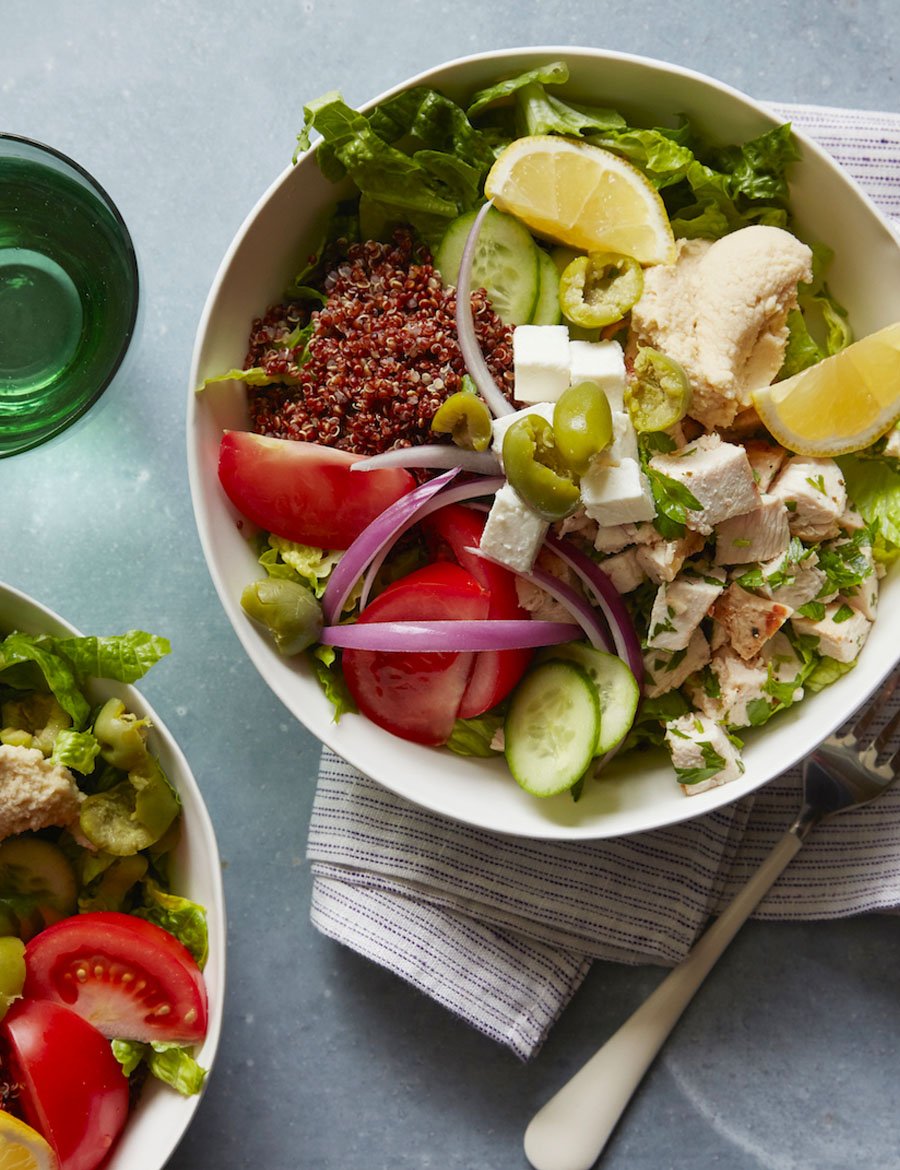 Mediterranean Grilled Chicken Salad with Hummus.