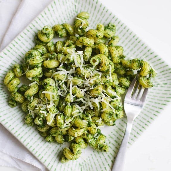 Pasta with kale and walnut pesto.