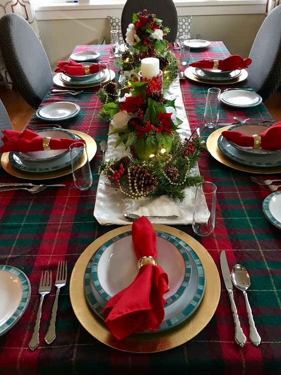 Christmas Table Setting, Red & Green Plaid with Gold thread