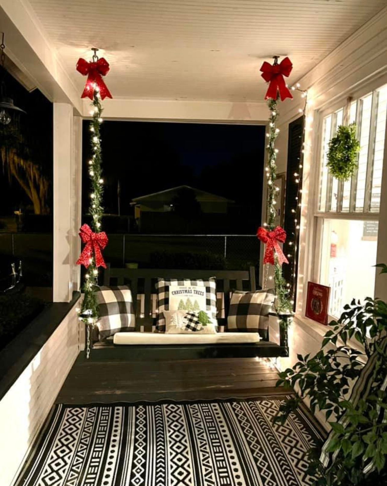 Christmas Window Decoration with Poinsetta and Plaid