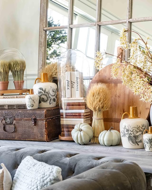 Fall Archives with Vintage Rattan Suitcase and Wheat Bundle