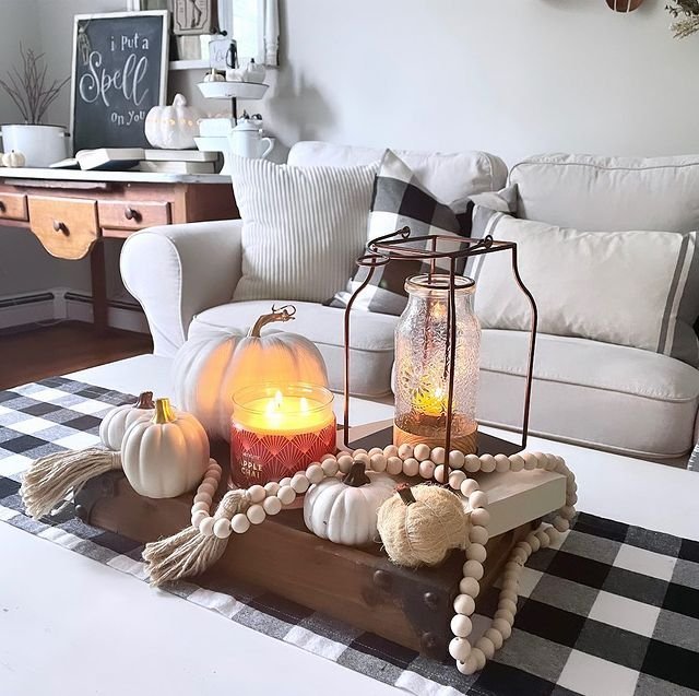Vintage Bottle Lantern with Candle and White Pumpkins