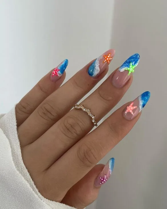 Beach Nails Featuring Starfish and Ocean