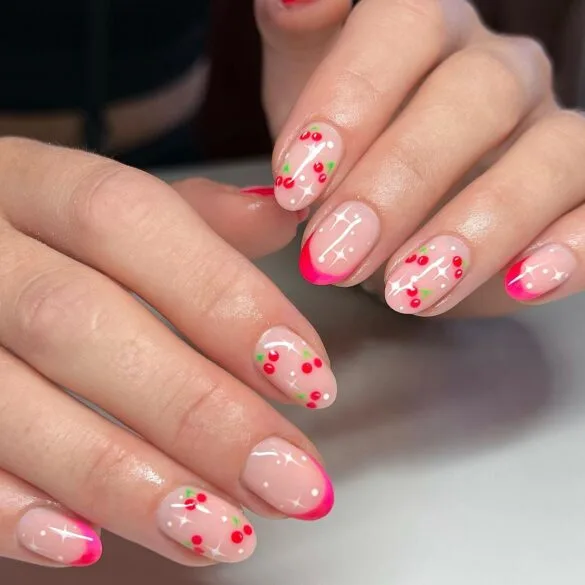 Cherry Nails with Gradient French Tips