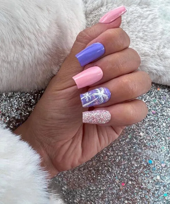 Purple Nails with Glitter and Palm Trees