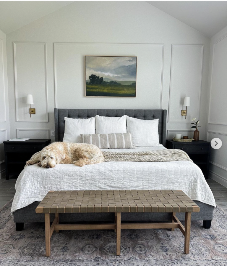 White Bedroom With Black Nightstands And Grey Headboard Bed