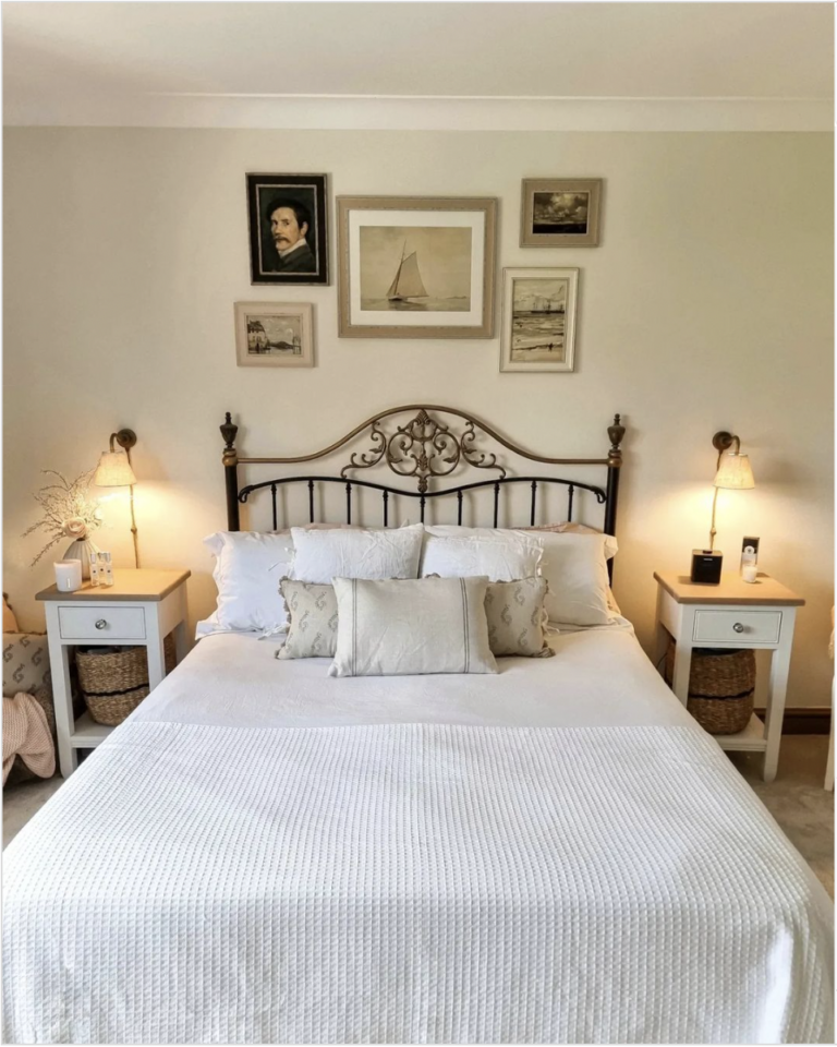 Beige Bedroom With Sleek Black Frame Bed