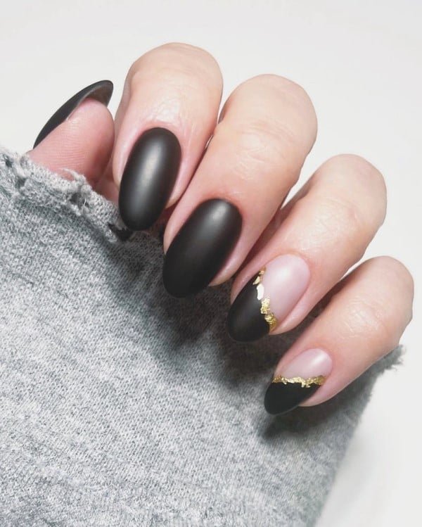 Black Matte Nails with Gold Flecks
