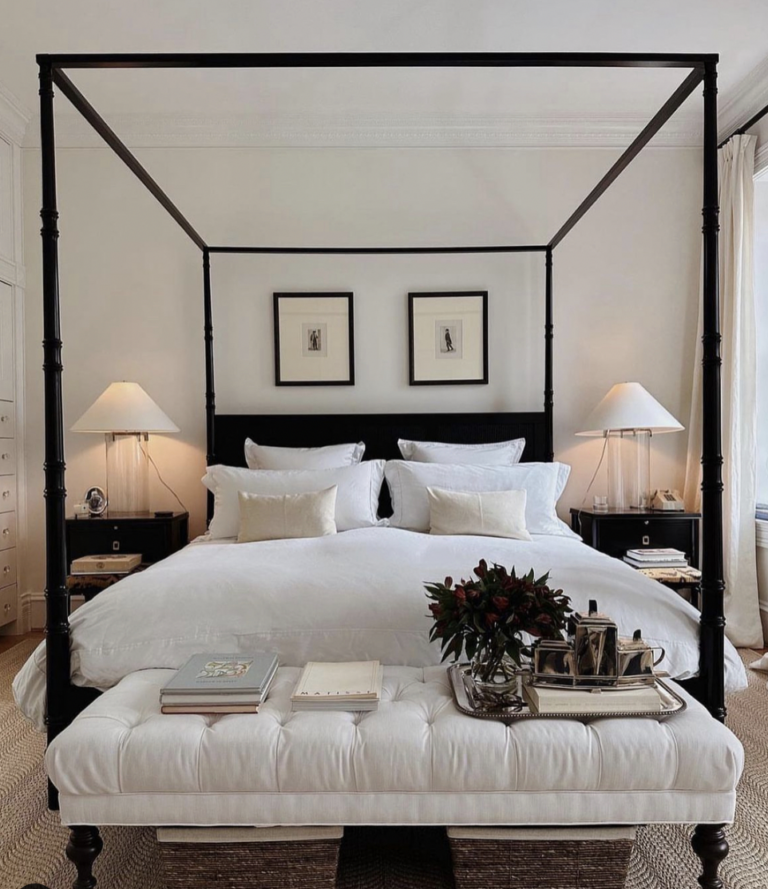 Brown Rug Underneath Black Frame Bed