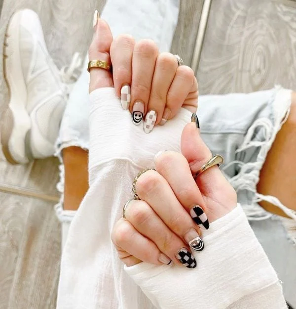 Fun Black and White Almond Nails