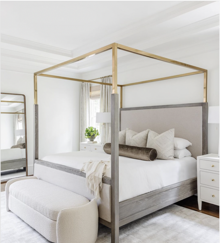 Grey And Gold Frame Bed For White Bedroom