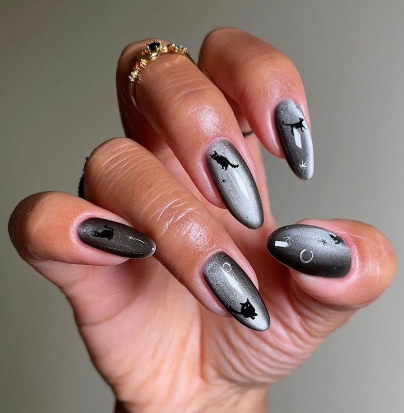 Long Black Cat Halloween Nails