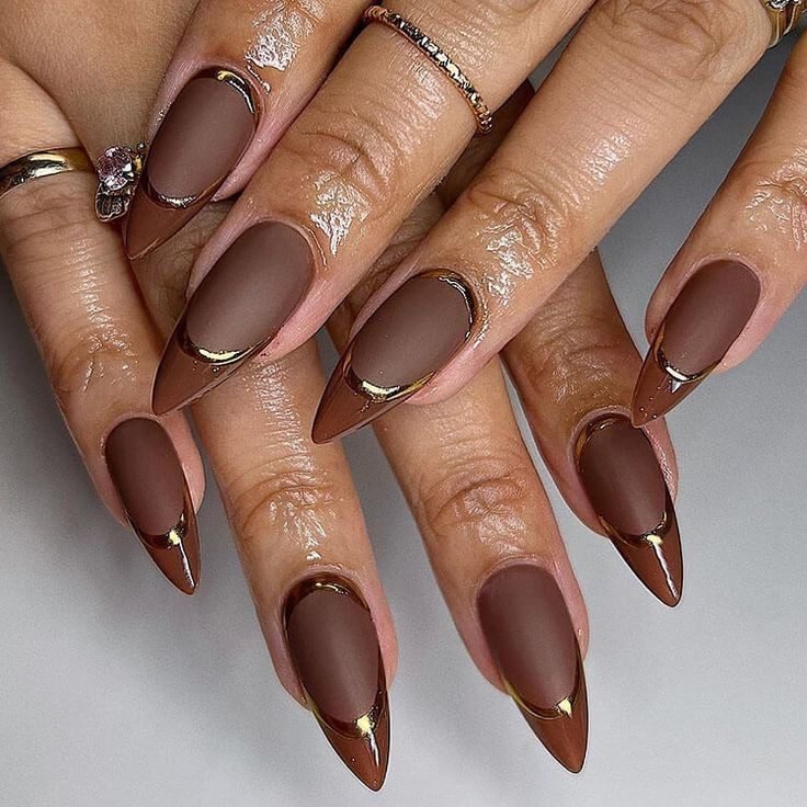 Matte Brown Base & Glossy, Metallic French tip