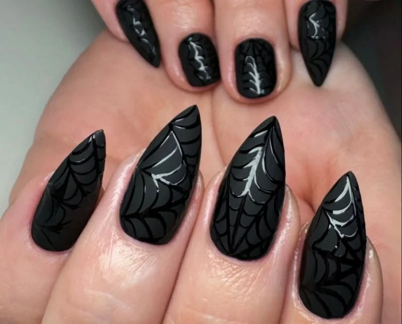 Matte Shiny Black Spider Witch Nails