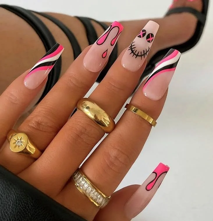 Pink and Black Coffin Halloween Nails@