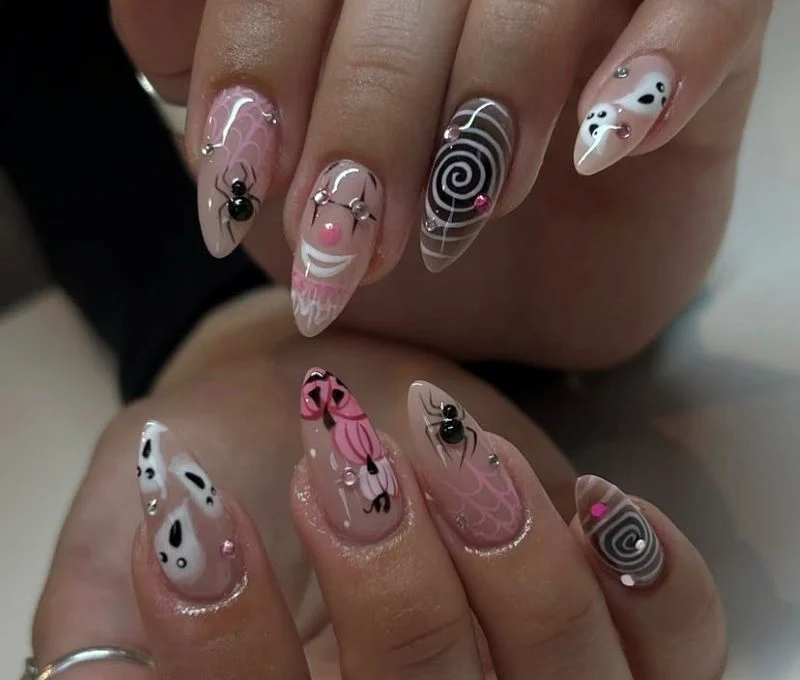 Pink and Black Creepy Clown Almond Nails