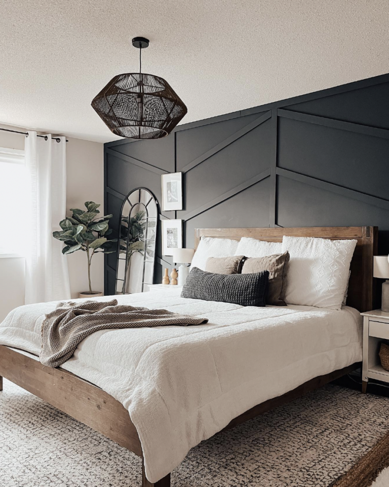 Black Board And Batten Accent Wall For Brown Under Bed Rug