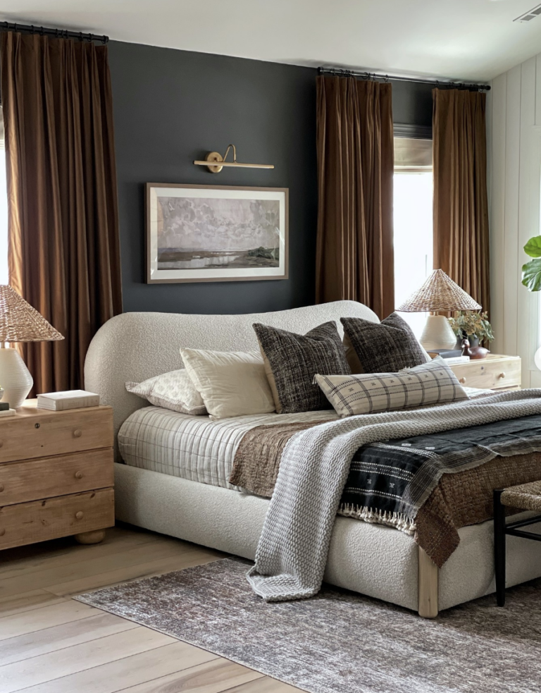 Black Accent wall, White Bed And Grey Rug