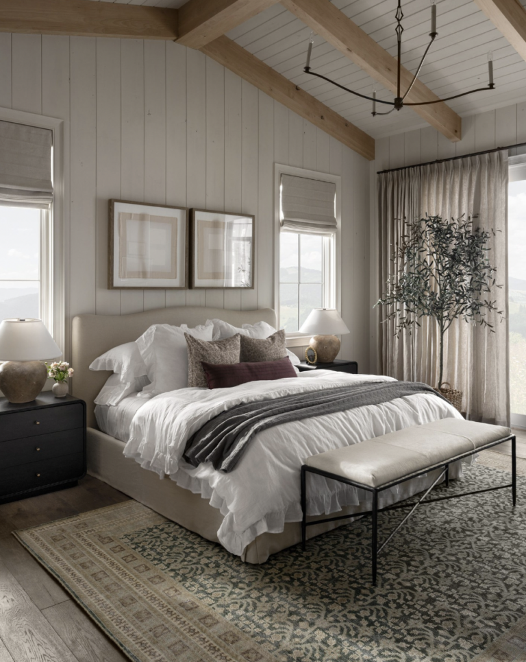 Bedroom With Rug And Shiplap Accent Wall