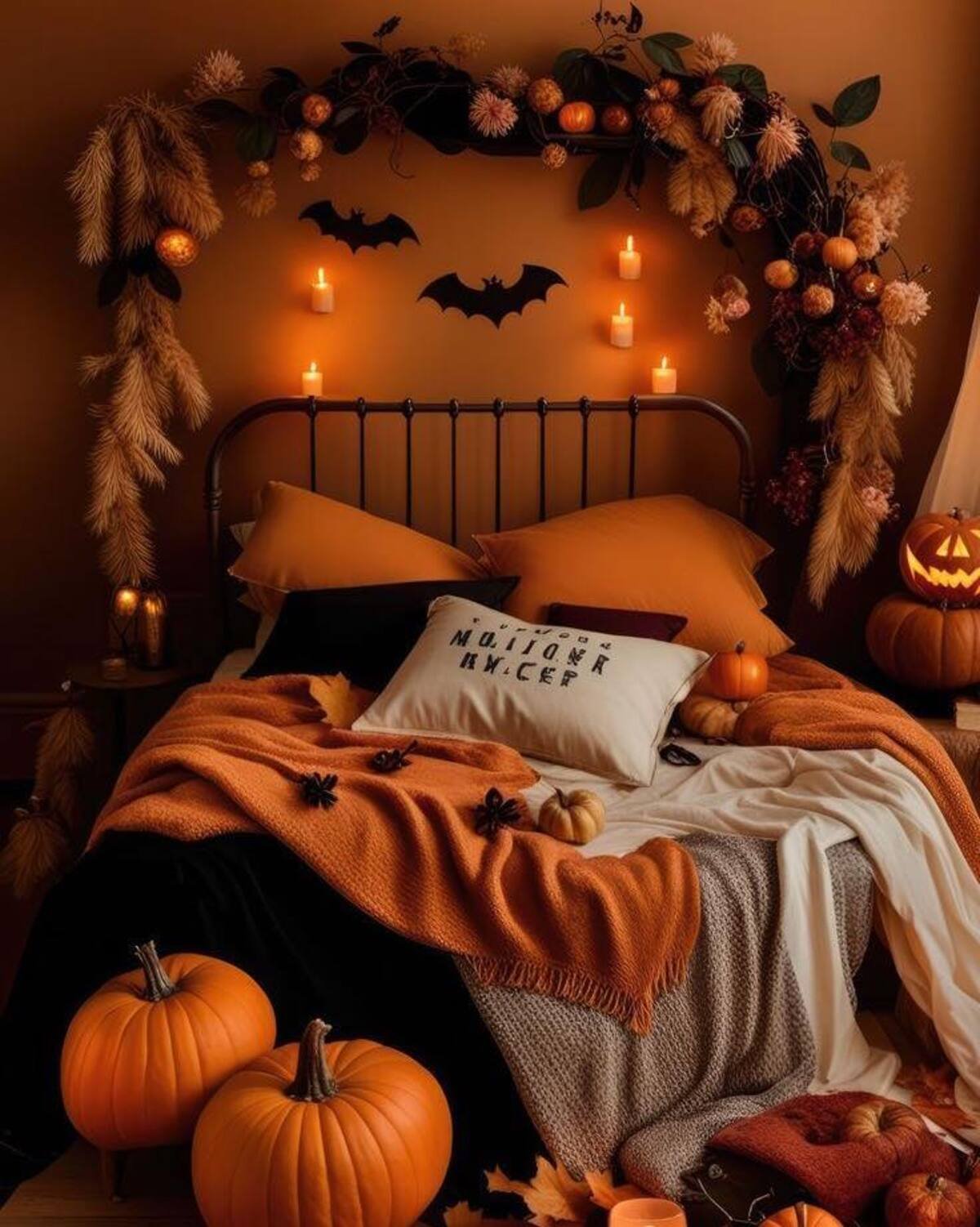 A Spooky Halloween Garland Above the Bed
