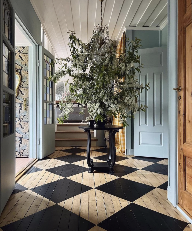 Black And Wood Checkerboard Foyer Flooring Ideas