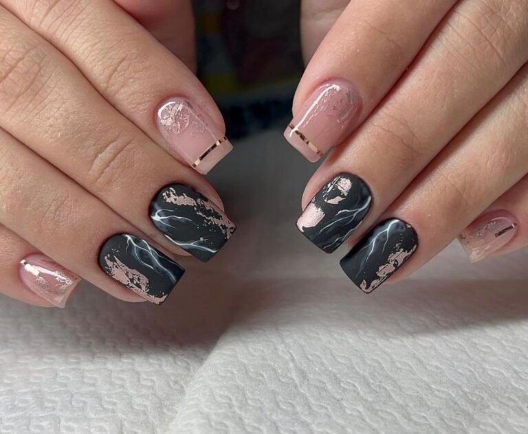 Black & Pink Marble Nail Design