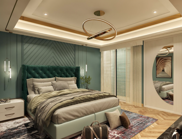 Blue Accent Wall Bedroom With Mirror