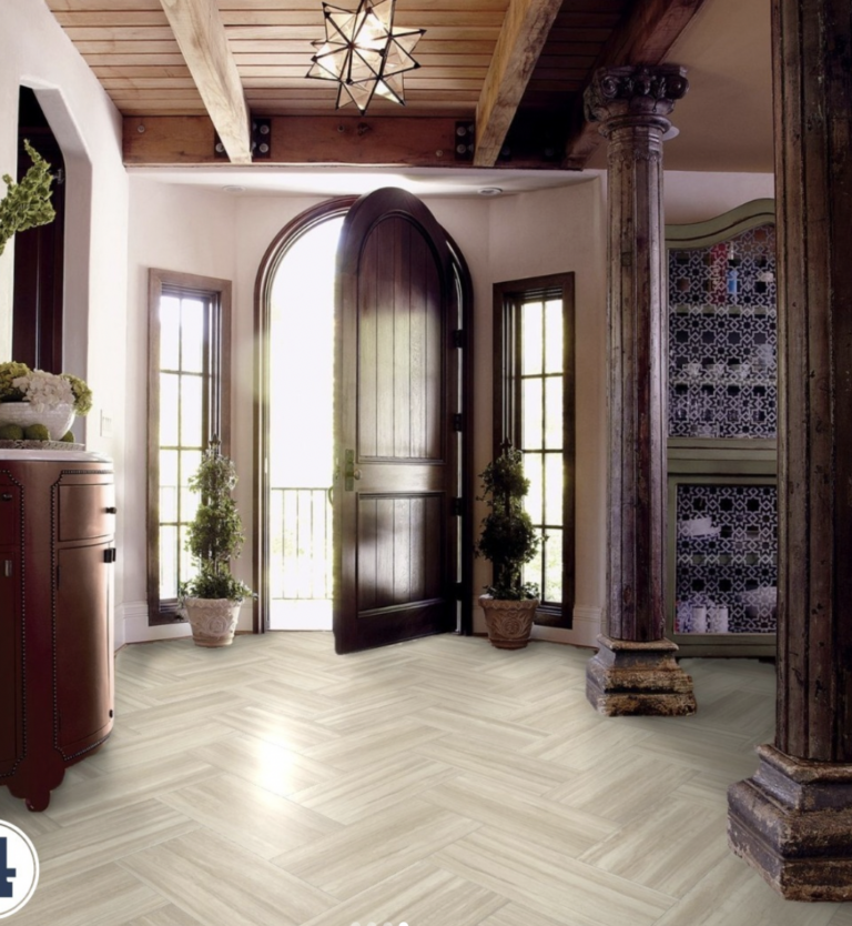 Dark Wood Arched Door With Light Wood Entryway Flooring