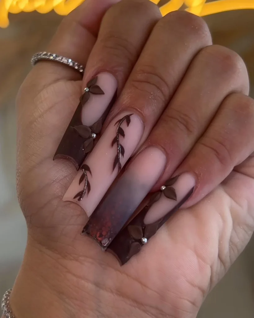 Elegant Fall Acrylic Nails with Leaf Detailing