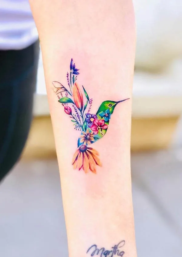 Floral bird forearm tattoo for women