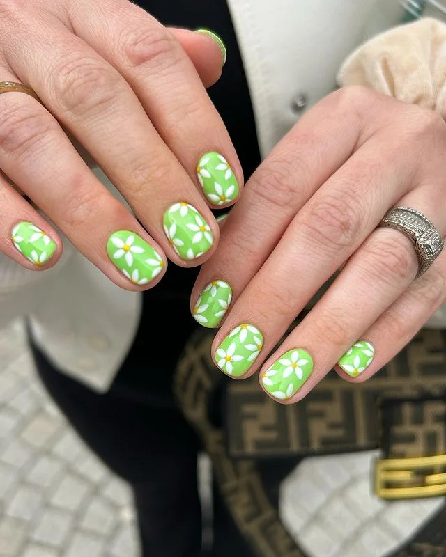 Gel Bottle Short Green Floral Nails