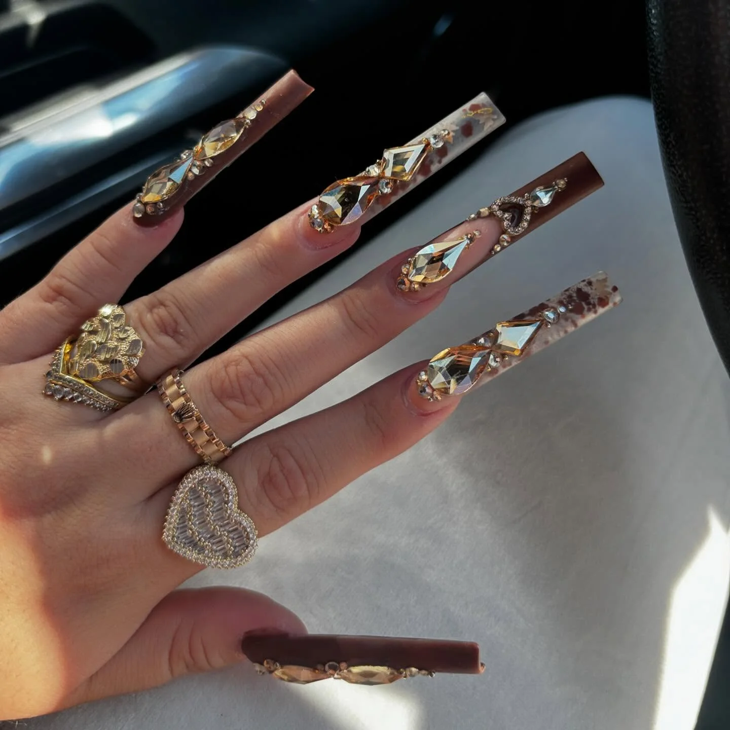 Glamorous Brown and Crystal Fall Acrylic Nails