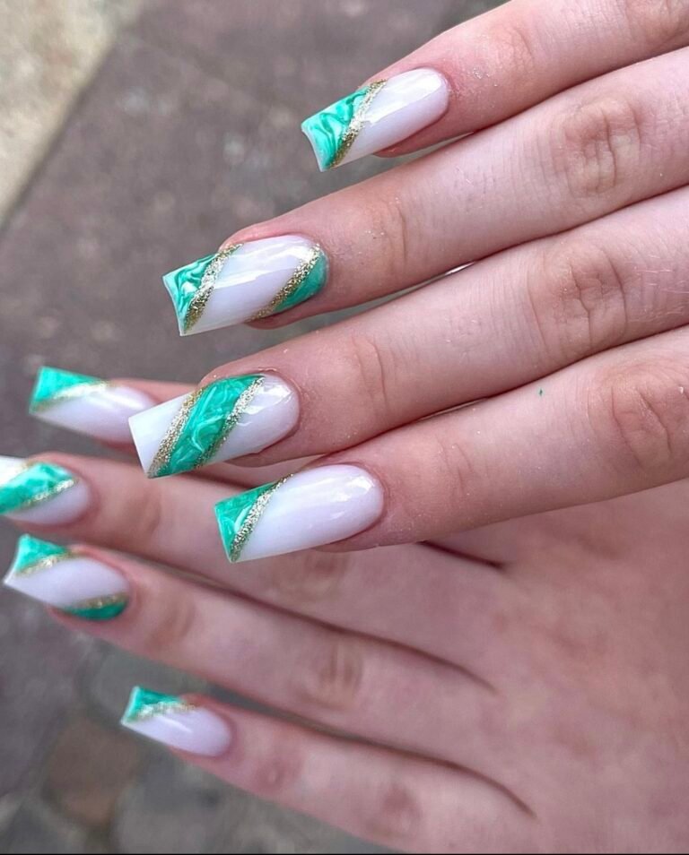 Green Marble Nails with Creamy White Base
