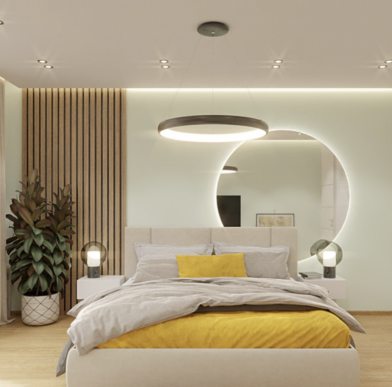 Half Wood Panelling Bedroom With Round Mirrors