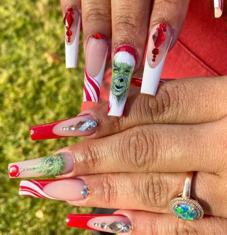 3D Grinch Nails with Rhinestones