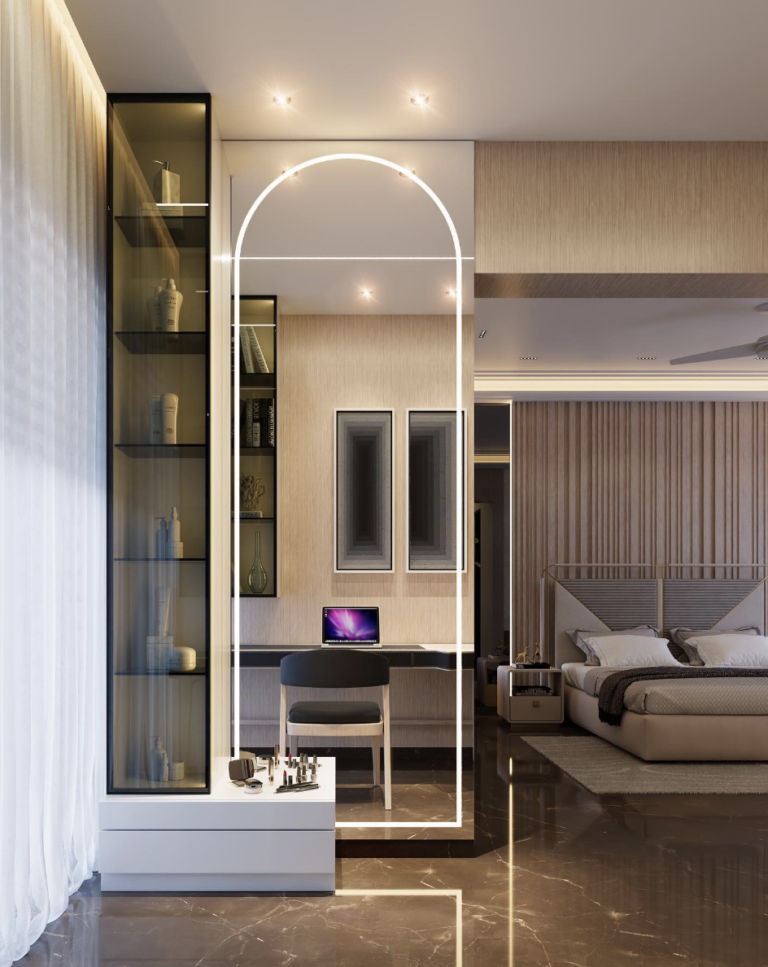 Large Human Size Arched Mirror In Neutral Tone Bedroom
