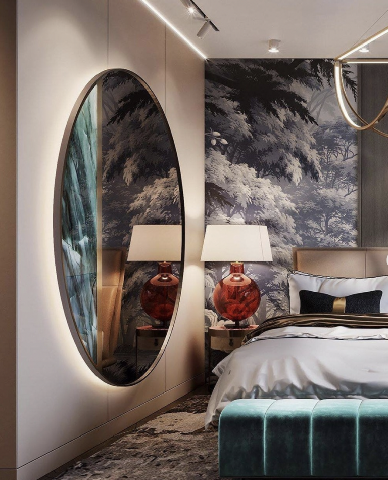 Large Mirror Accent Wall In Bedroom