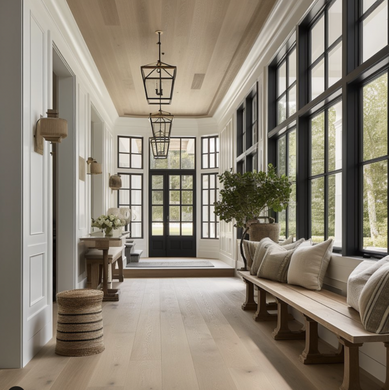 Light Wood Pallet Wood Flooring With Black And Glass Door