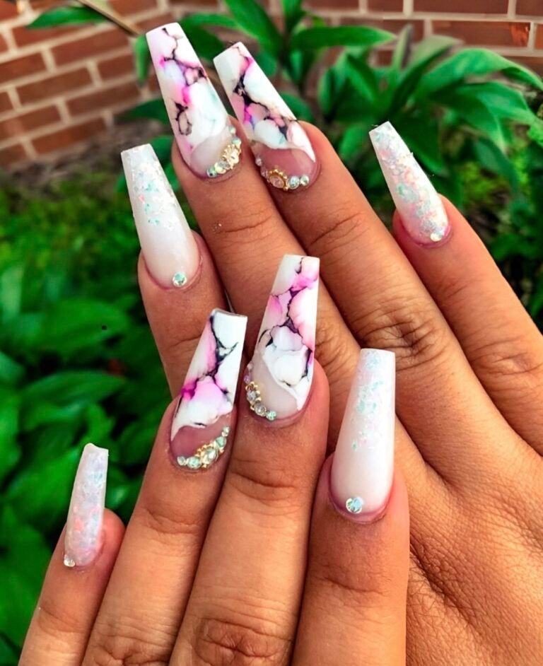 Marble Nail Design with Rhinestones