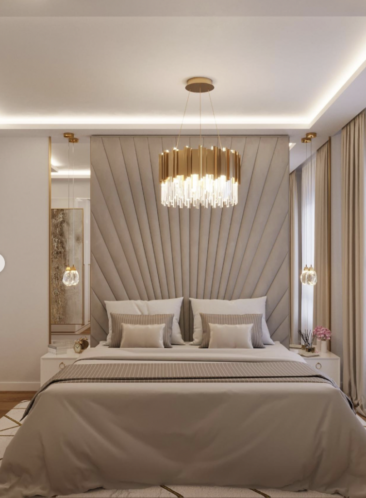 Neutral Color Bedroom With Gold Chandelier