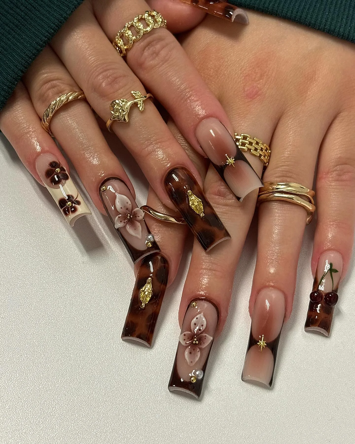Tortoise Shell and Floral Fall Acrylic Nails
