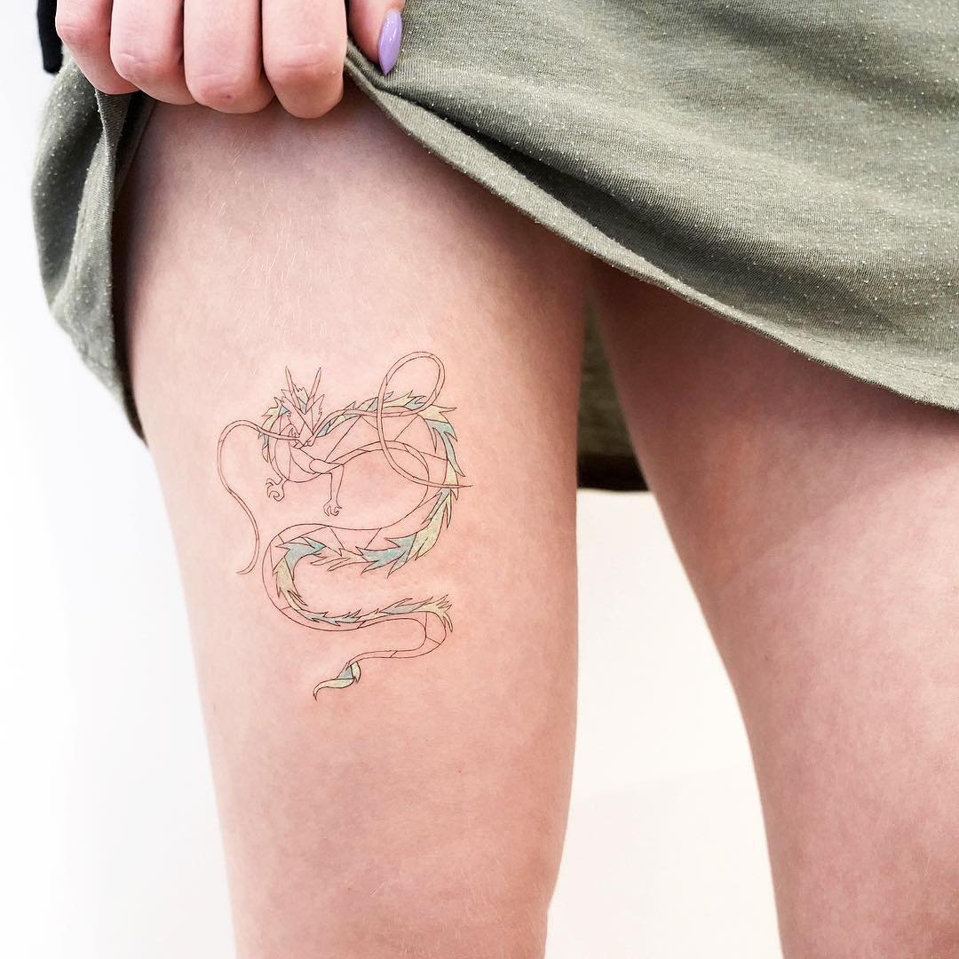 Dragon and Birds Thigh Tattoos