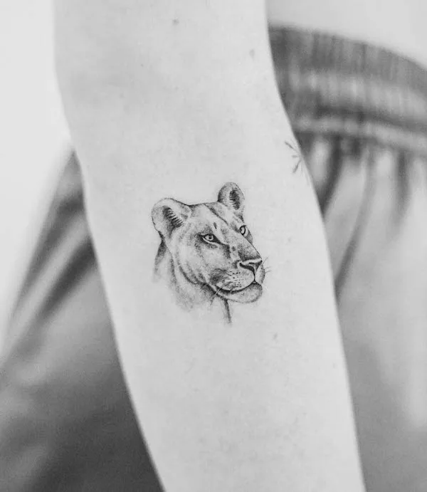 Simple lioness forearm tattoo