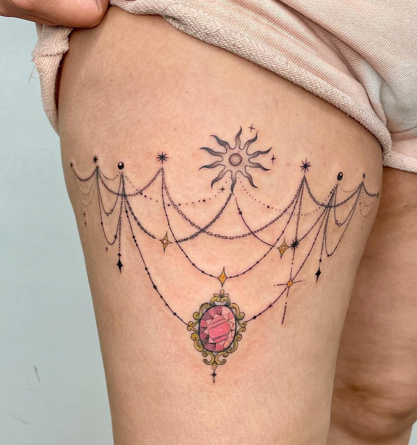 Mandala and Ornamental Thigh Tattoos