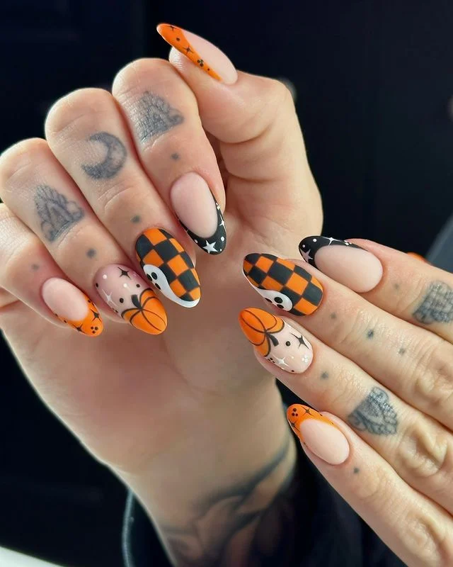Almond Checkerboard & Pumpkin Halloween Nails