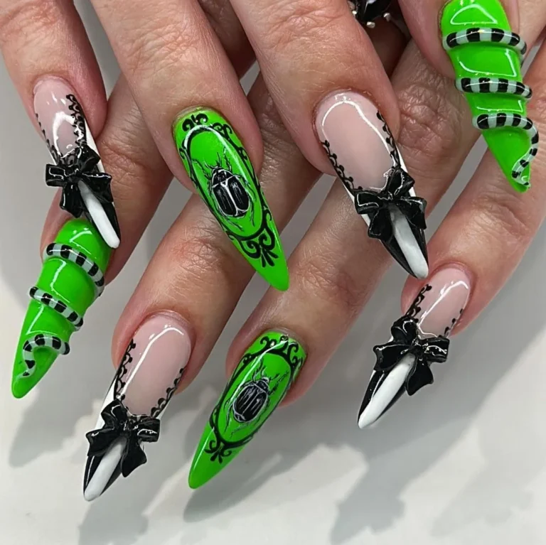 Bold Green Gothic Nail Art with 3D Bows & Beetle Accents