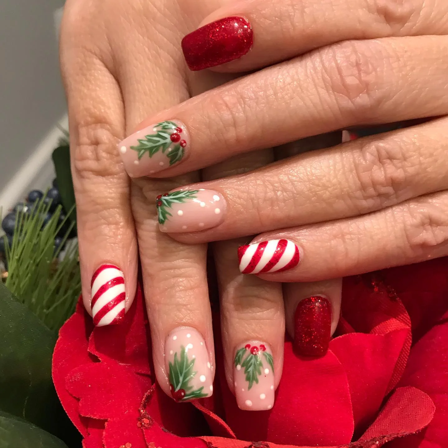 Christmas Red Candy Cane Nails on Nude Base