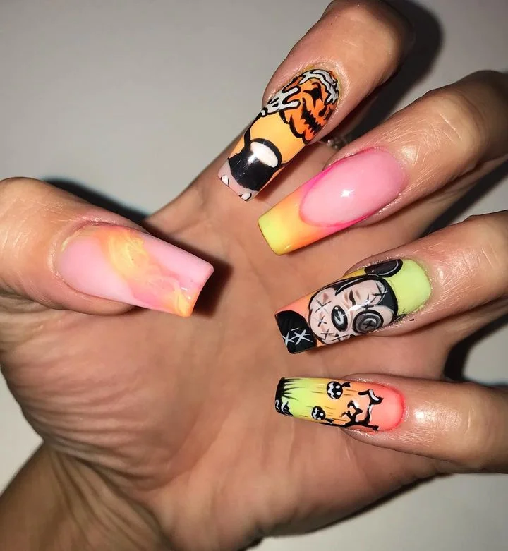 Colorful Gradient with Mickey Pumpkin Halloween Nails